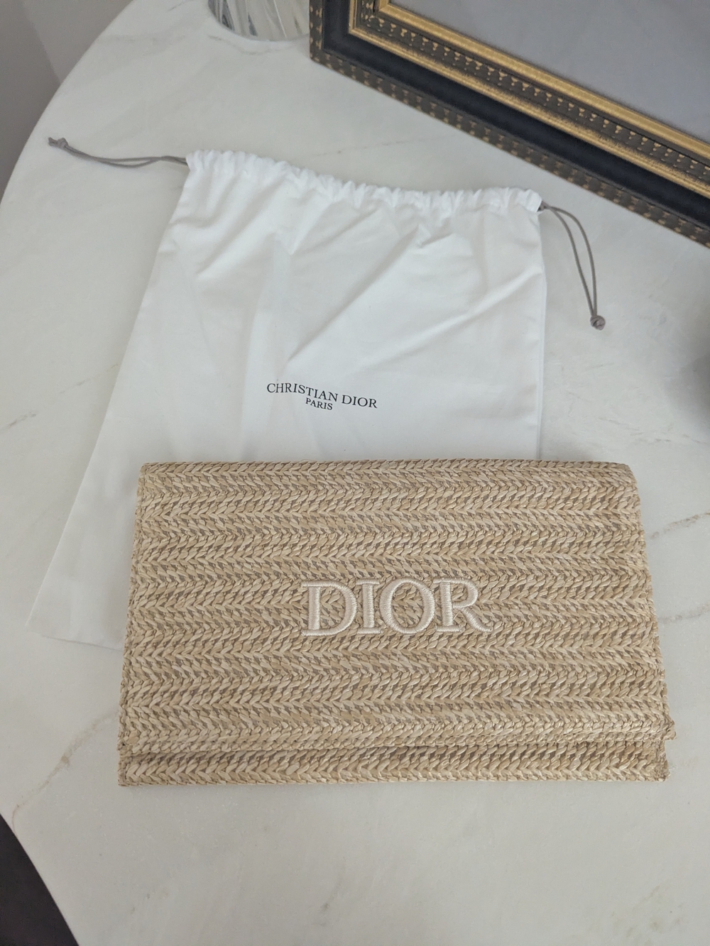 Dior Natural Straw Clutch with White Logo Embroidery